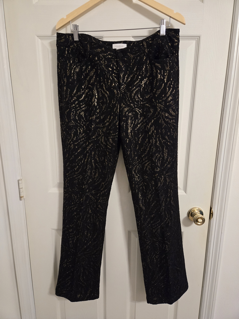 Cache Black Lace & Gold Metallic Patterned Women's Pants Y2K Size 14
